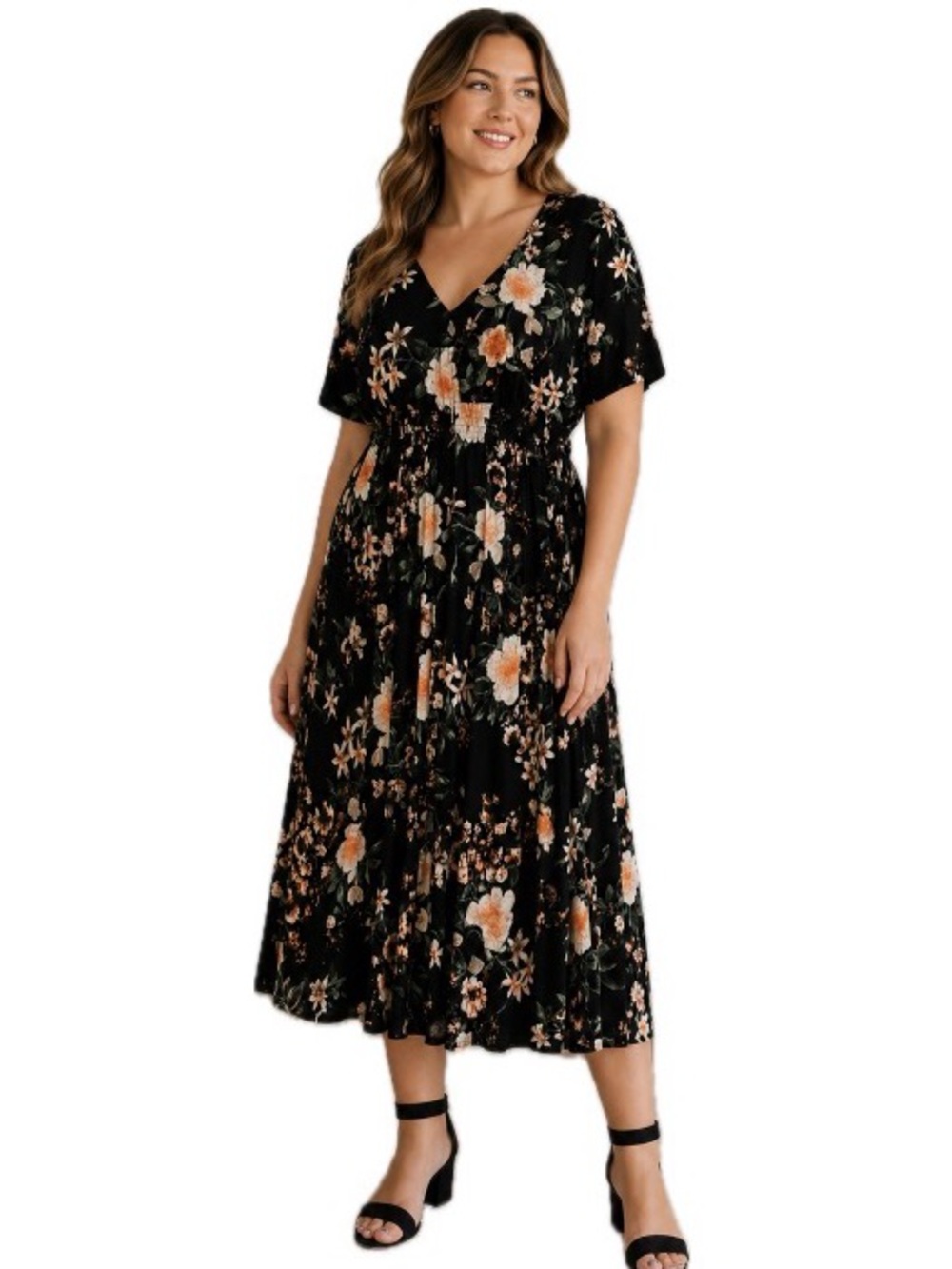Floral dress, button details and elastic waist, size xxl